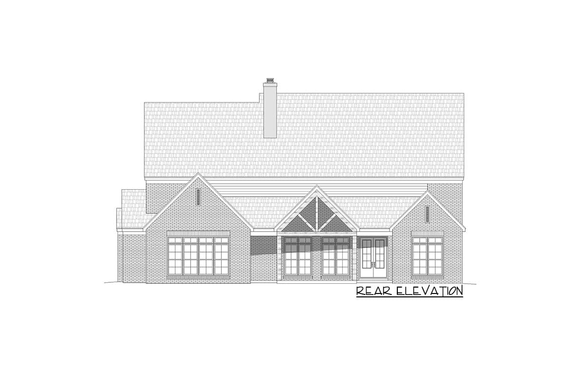 Rear elevation drawing of a house with brick exterior, prominent gables, large windows, and a covered entry with exposed beams.