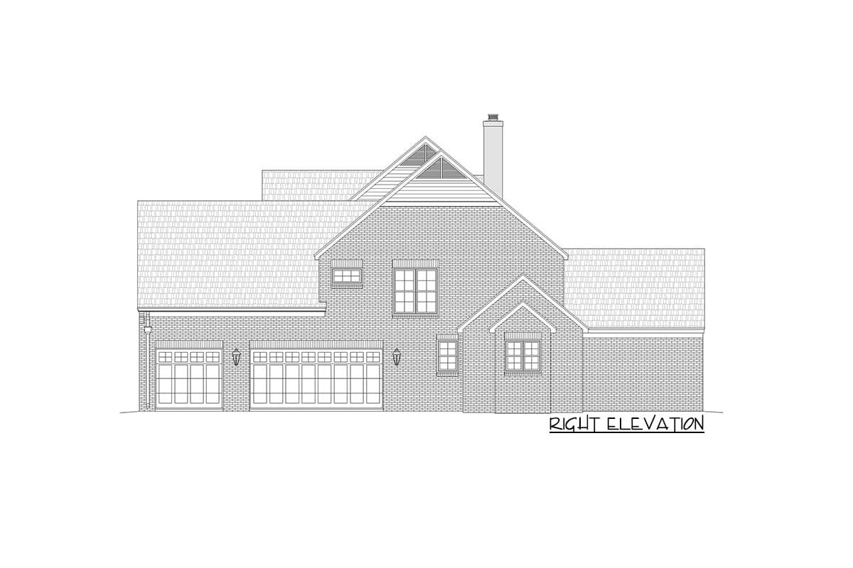 Right elevation of a two-story house plan with a brick facade, multi-level roof, gables, and a three-car garage.
