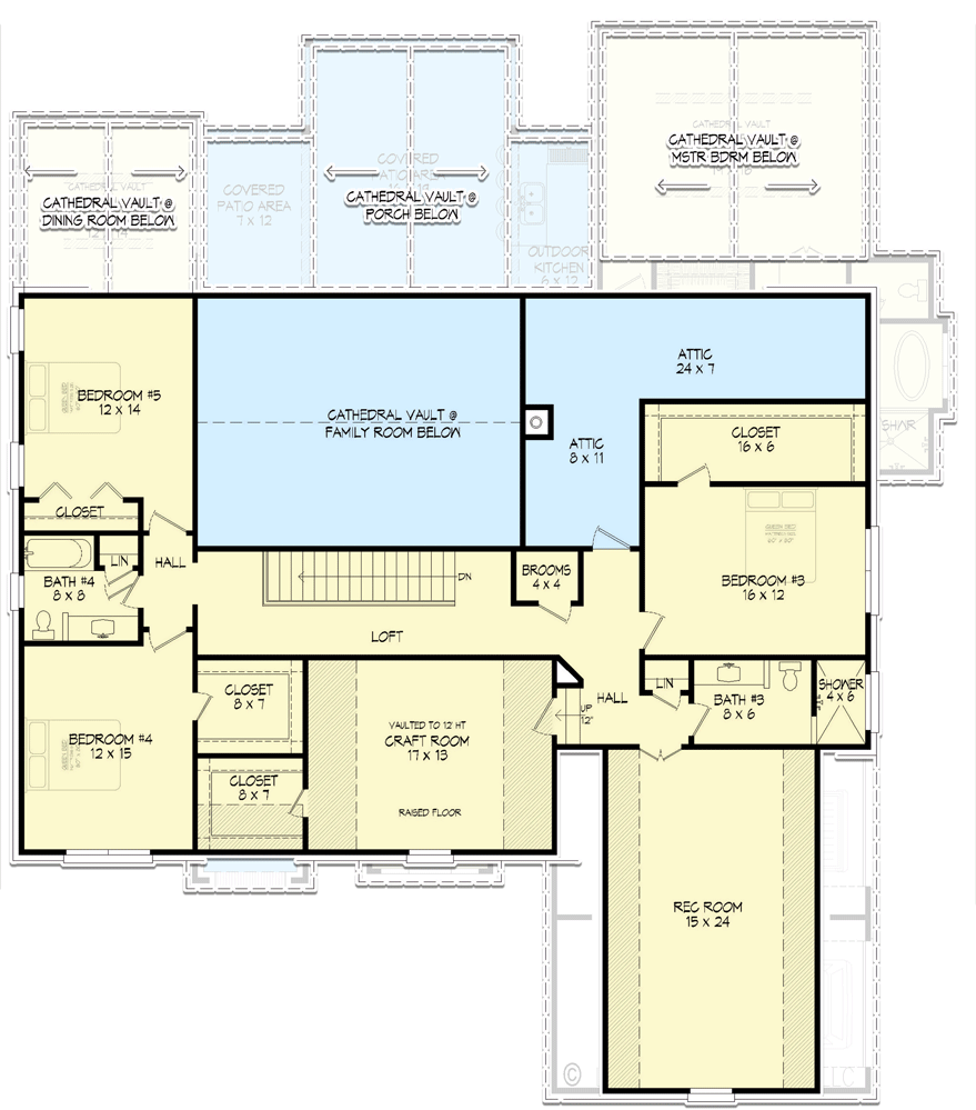 Plan 680063VR: 5 Bed House Plan with a Home Office, an Outdoor Kitchen and an Upstairs Game Room - Floor Plan - 2nd Floor - European, Southern, Transitional