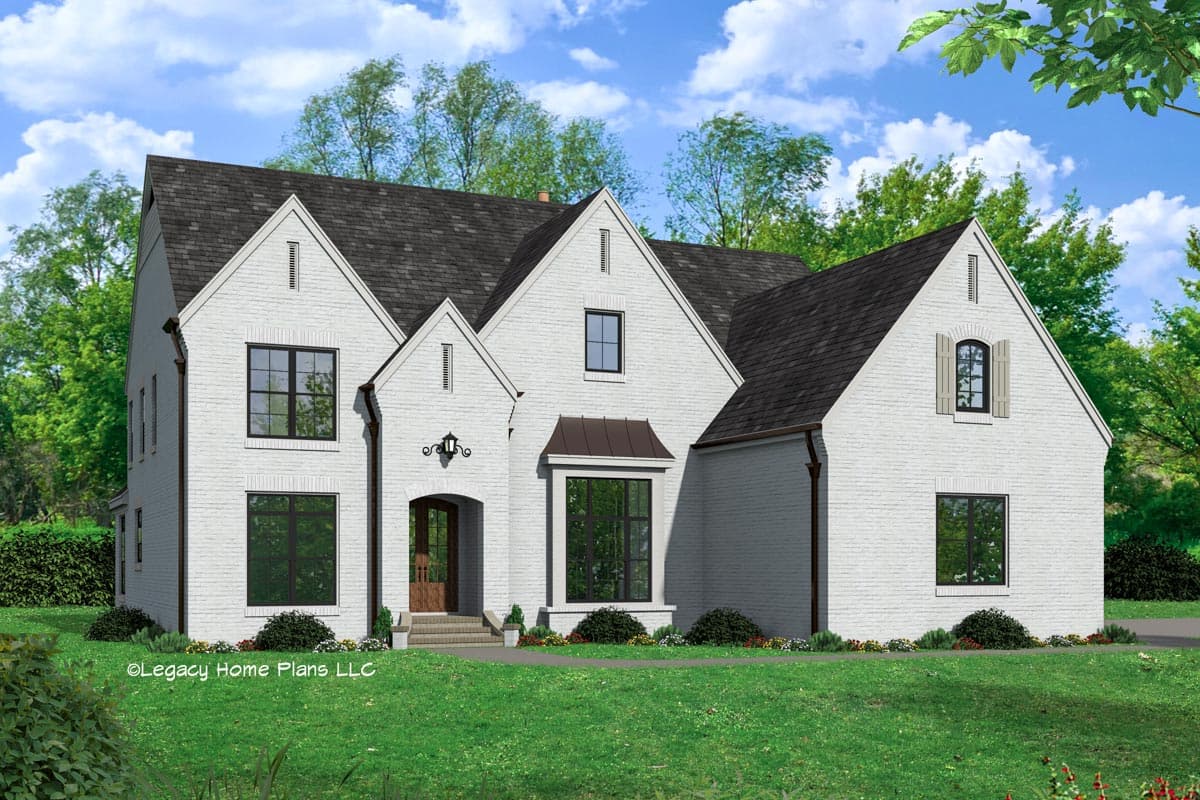 House plan exterior. Two-story, brick facade, gabled roof, arched entry, and dormer windows. Features include a bay window and shutters.