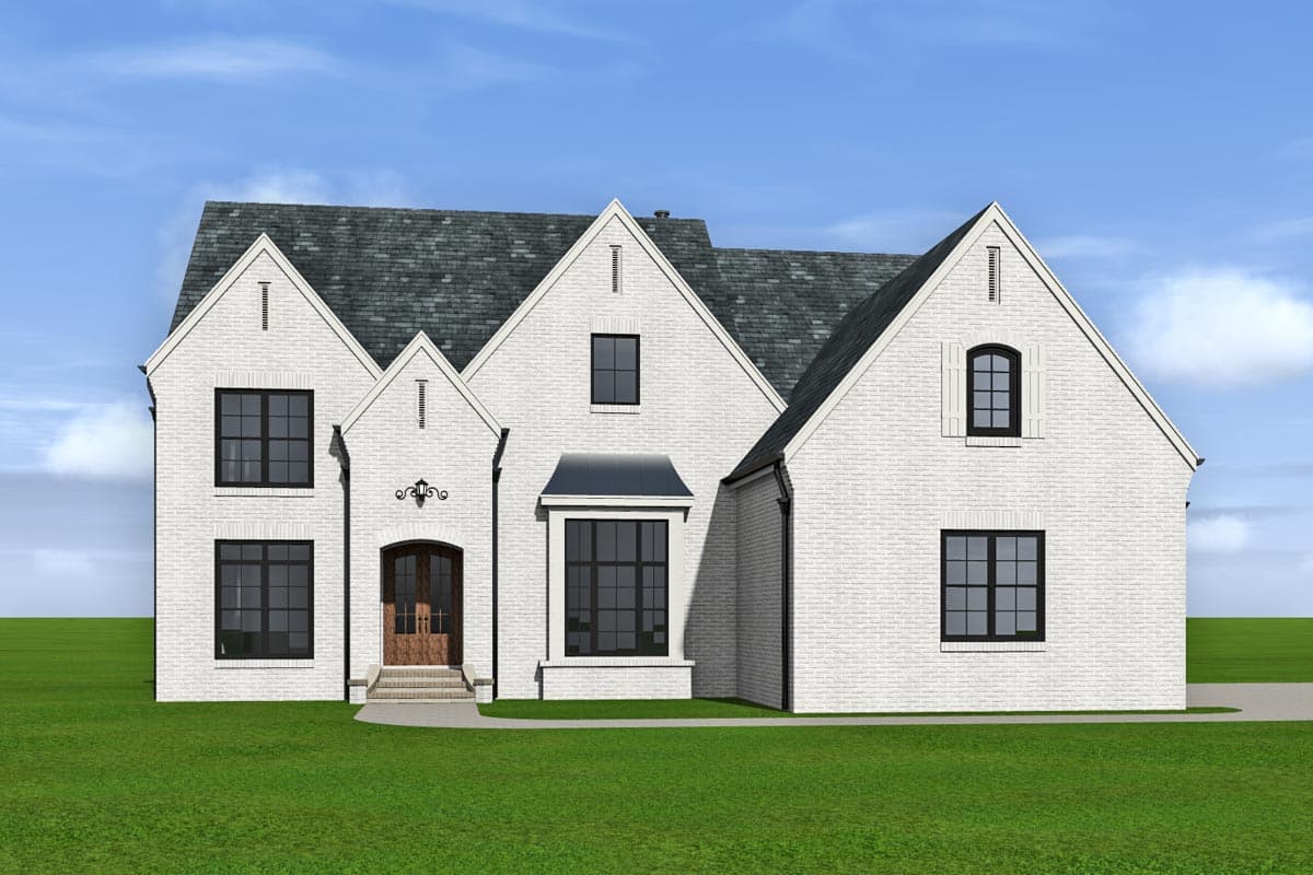 House plan exterior: Two-story white brick home with a hip roof, gables, arched entry, and bay window.