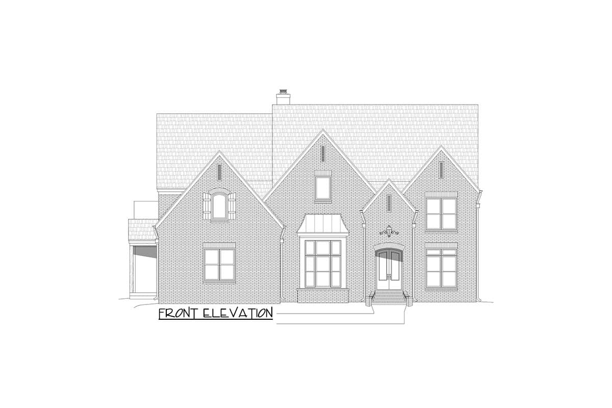 Front elevation drawing of a two-story brick house with multiple gables, a prominent bay window, and a covered entry.