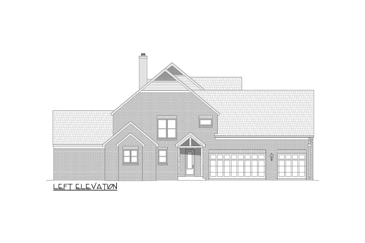 Left elevation of a two-story brick house plan featuring a prominent gable, covered entryway, and a three-car garage.