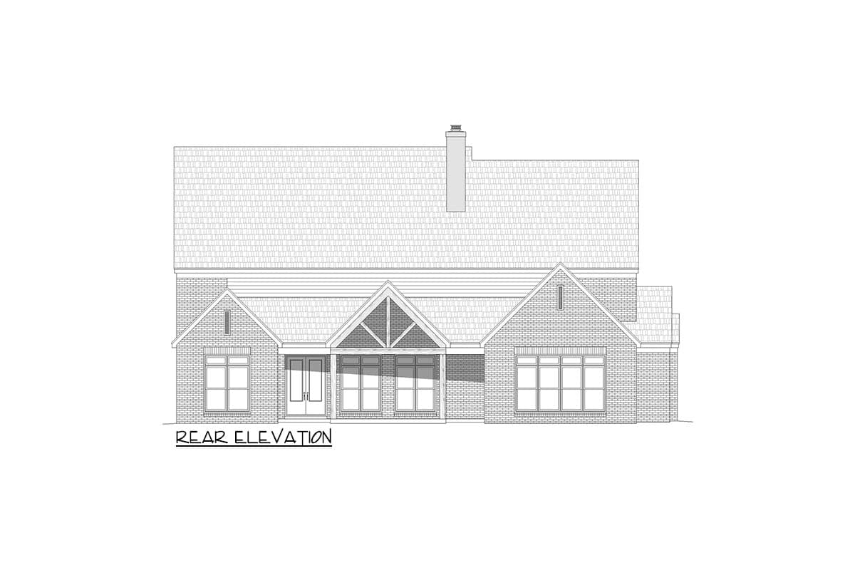 Rear elevation of a brick house plan featuring a prominent gable with exposed rafter tails over the entrance and multiple windows.