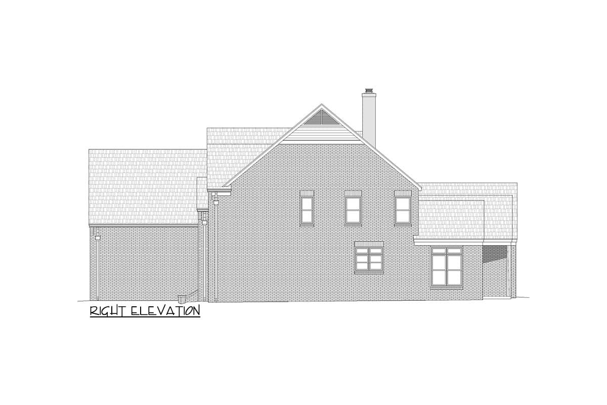 Right elevation house plan shows a two-story brick home with multiple gables, a prominent chimney, and various window styles.