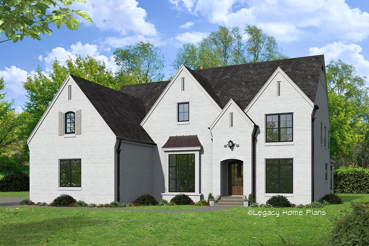 House plan exterior. Two-story home in a Tudor style with multiple gables and dormers. Features include a covered entry and brick facade.