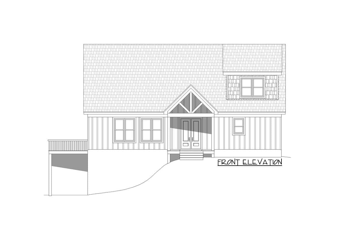 Front elevation drawing of a two-story house plan with a gabled entry porch, double doors, dormer, and deck.