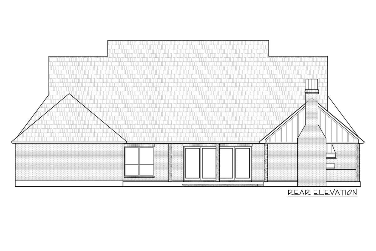 Rear elevation drawing of a house plan featuring a prominent brick chimney, multiple windows, and French doors.