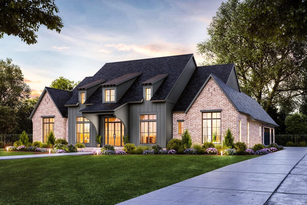 House plan exterior: Two-story Modern Farmhouse with brick and board-and-batten siding, prominent gables, dormers, and arched entry.