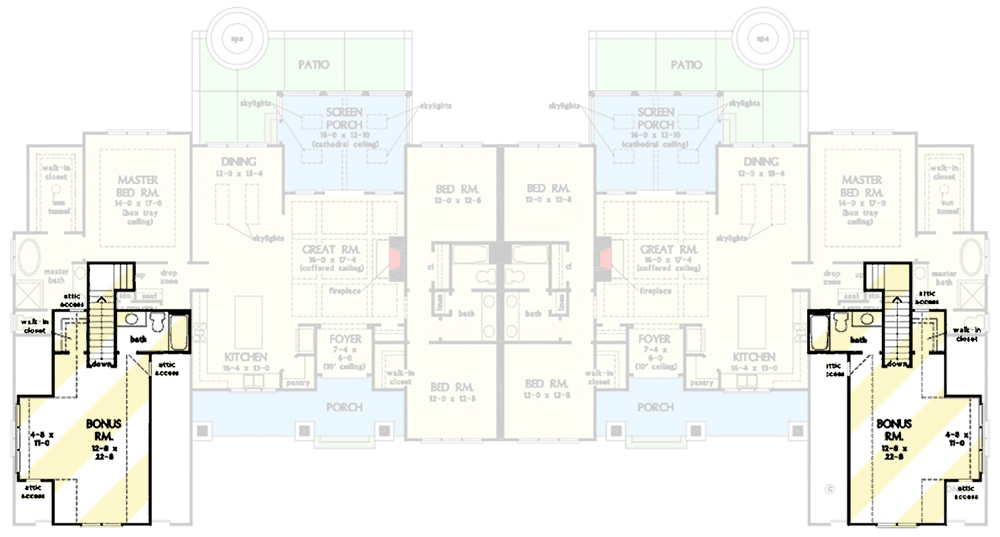 Plan 444375GDN: New American Duplex House Plan with Matching 3 Bed Units Just Under 2000 Square Feet - Floor Plan - Bonus Level - Country, Craftsman, Modern Farmhouse, New American