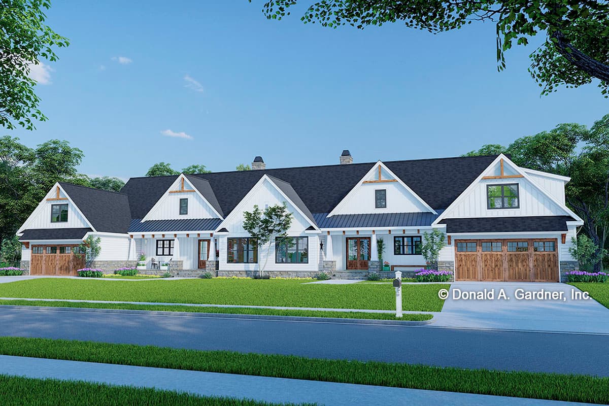 House plan exterior. Modern Farmhouse style with multiple gabled roof sections, dormers, and wood-paneled garage doors. Features a covered porch area.
