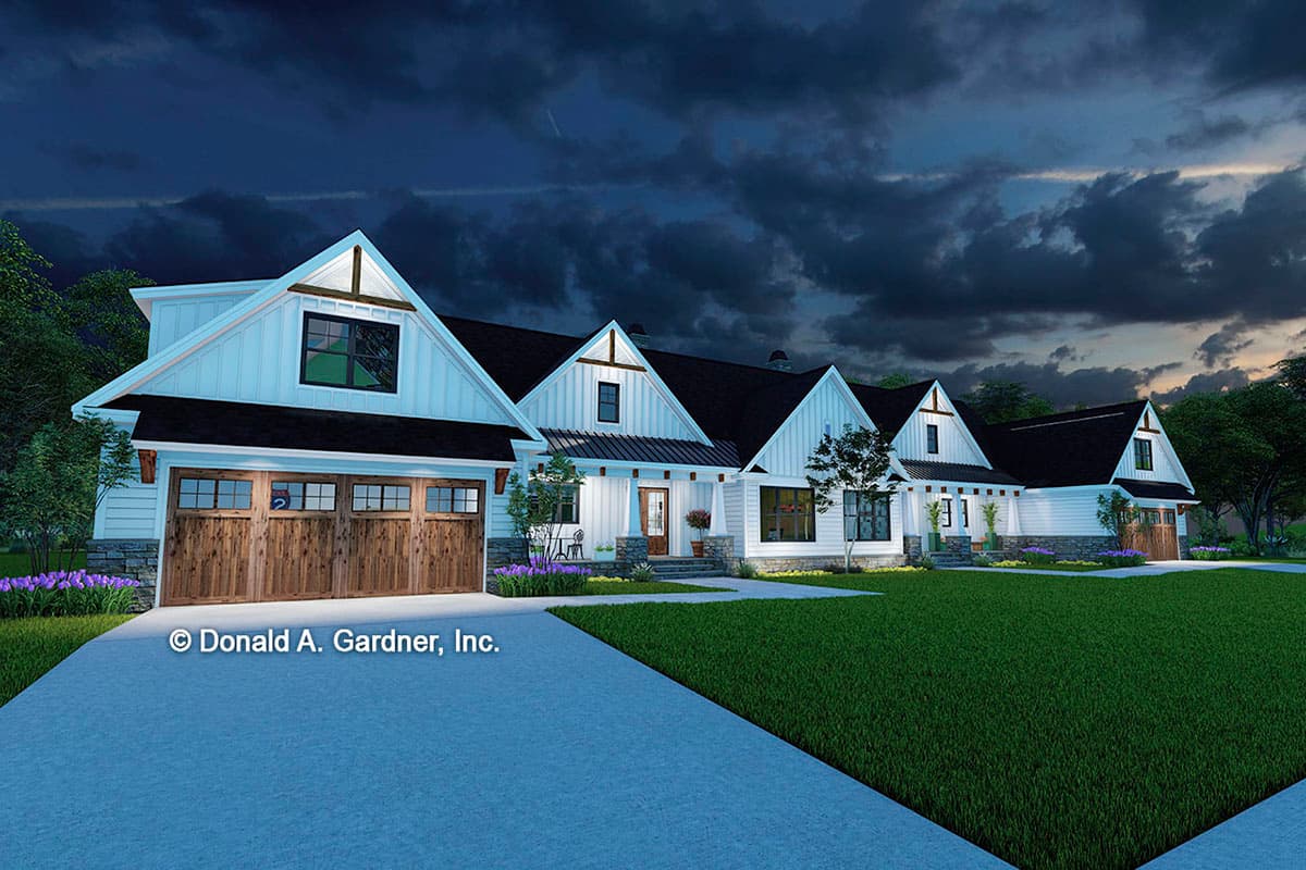 Modern Farmhouse house plan exterior with gabled dormers, a covered entry, and a side-facing garage.