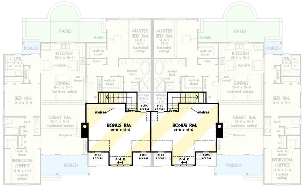 Plan 444376GDN: Modern Farmhouse Duplex House Plan with 1700 Square Foot 3-Bed Units - Floor Plan - Bonus Level - Craftsman, Modern Farmhouse, New American, Ranch