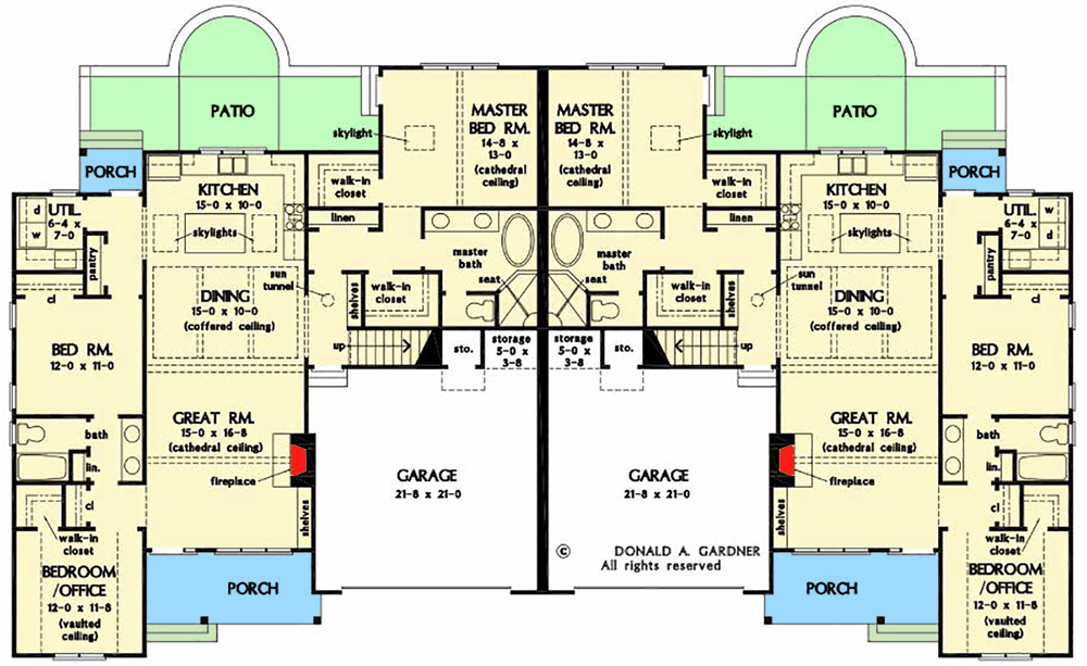 Plan 444376GDN: Modern Farmhouse Duplex House Plan with 1700 Square Foot 3-Bed Units - Floor Plan - Main Level - Craftsman, Modern Farmhouse, New American, Ranch