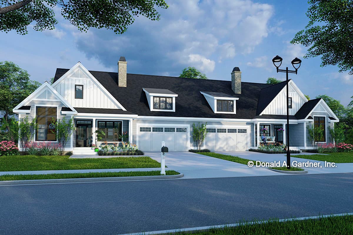 House plan exterior. Two-story Modern Farmhouse style with gabled roof, dormers, and multiple garage bays.