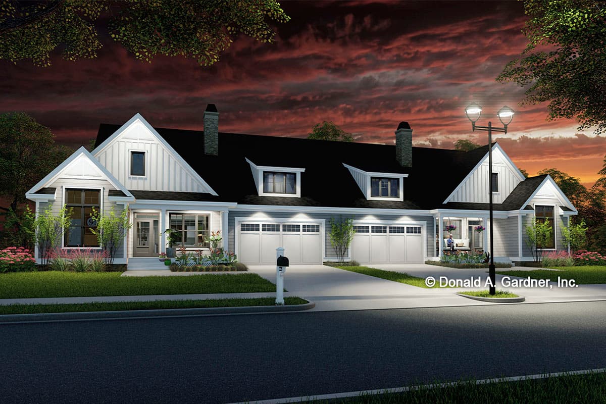 House plan exterior shows a two-story Modern Farmhouse with a central gabled entry, triple garage doors, and dormer windows.