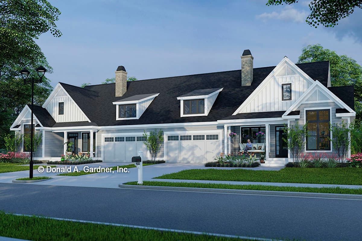 Modern Farmhouse house plan exterior, one story, with prominent gables, dormers, and a three-car garage.