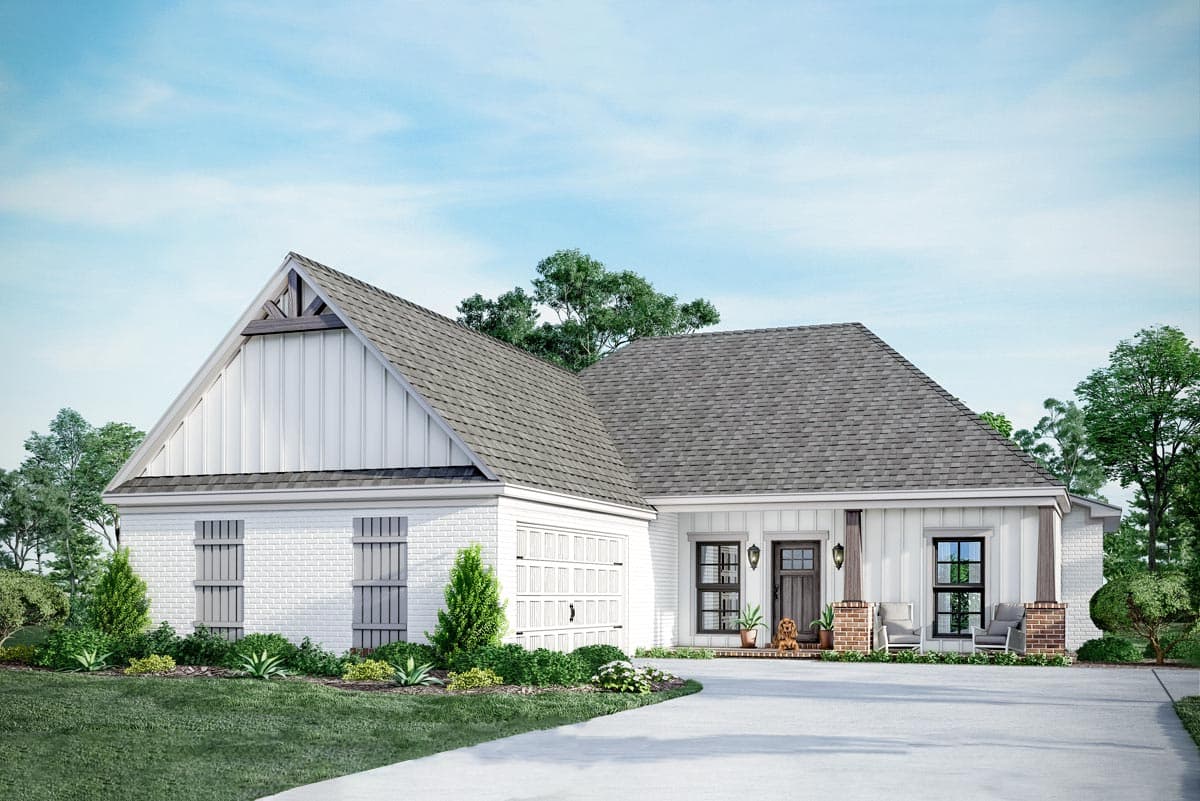 House plan exterior. One-story Modern Farmhouse with gables, a covered porch with exposed columns, and a front-facing garage.