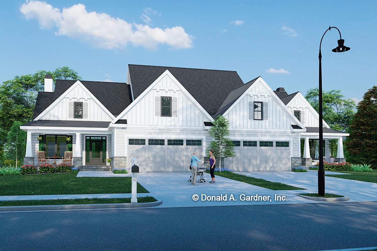 House plan exterior featuring a two-story Modern Farmhouse design with a gabled roofline, front porch, and three-car garage.