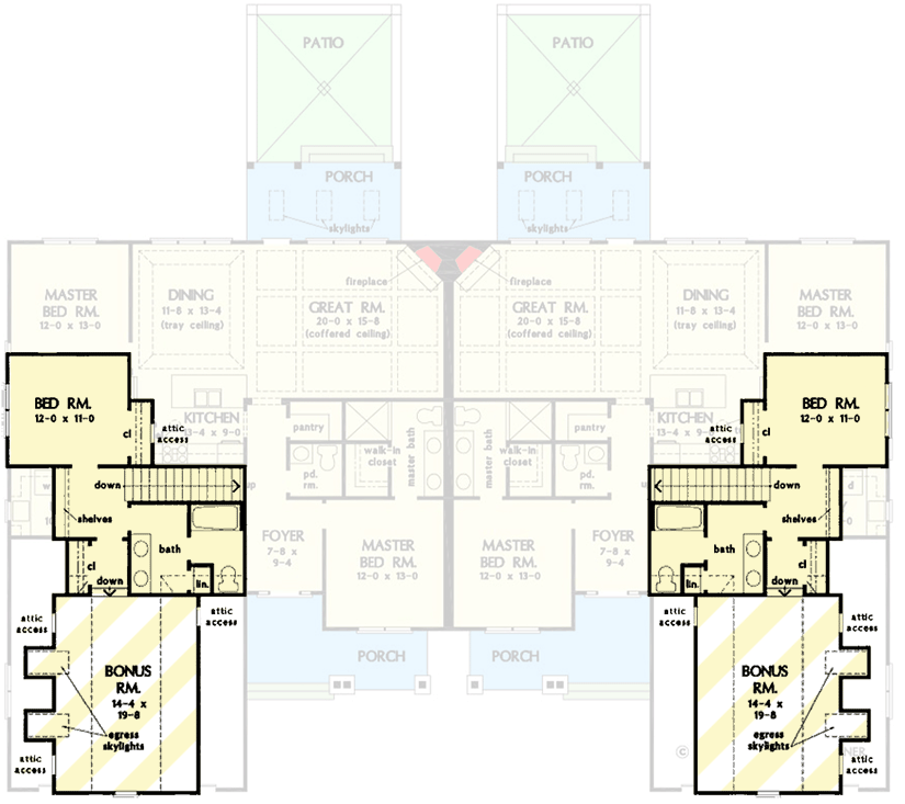 Plan 444378GDN: Two-Story Duplex with New American Styling and Matching 1875 Square Foot 3-Bed Units - Floor Plan - 2nd Floor - Country, Craftsman, Modern Farmhouse, New American