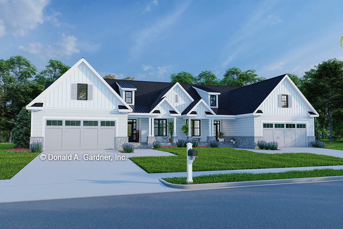 House plan exterior. Two-story Modern Farmhouse with gable roof, dormers, and attached garage. Includes a covered front porch and landscaping.