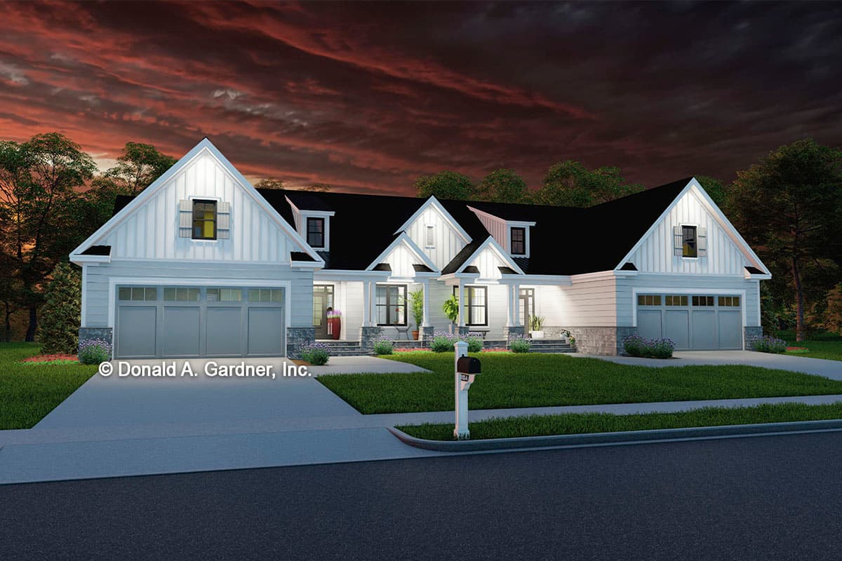 Modern Farmhouse house plan exterior with a prominent central gable, board-and-batten siding, and a three-car garage.