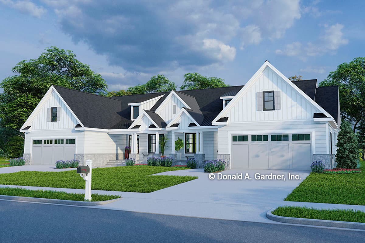 Modern Farmhouse house plan exterior with a prominent gable, a covered front porch, and a three-car side-facing garage.