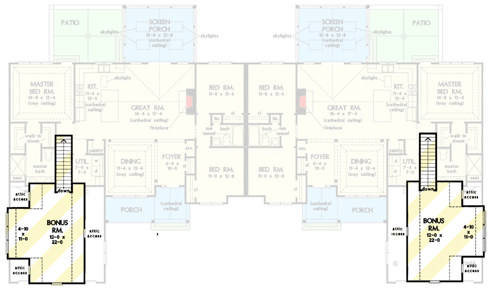 Plan 444379GDN: Rustic Duplex House Plan with Mirrored 3-Bed Units Under 1700 Square Feet - Floor Plan - Bonus Level - Country, Craftsman, Ranch, Rustic