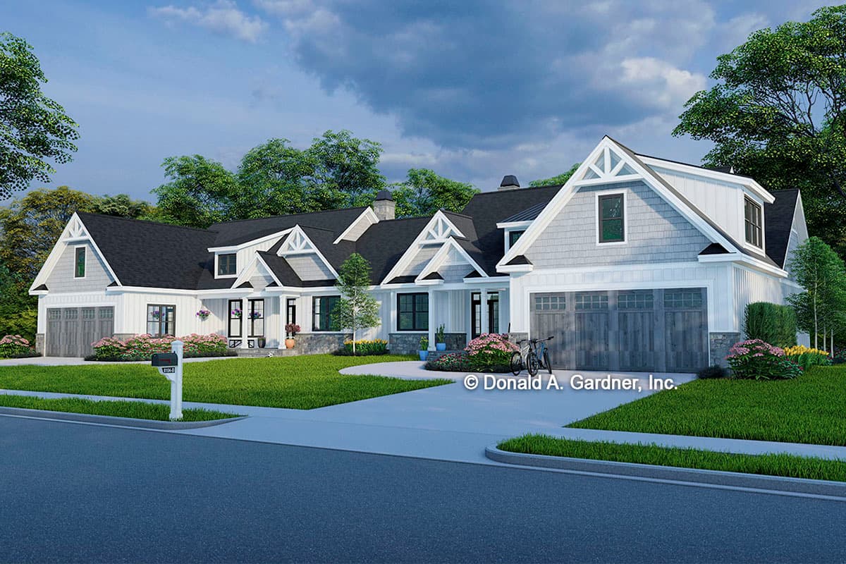 Modern Farmhouse house plan exterior, two stories, multiple gables, board and batten siding, stone accents, and two garage doors.