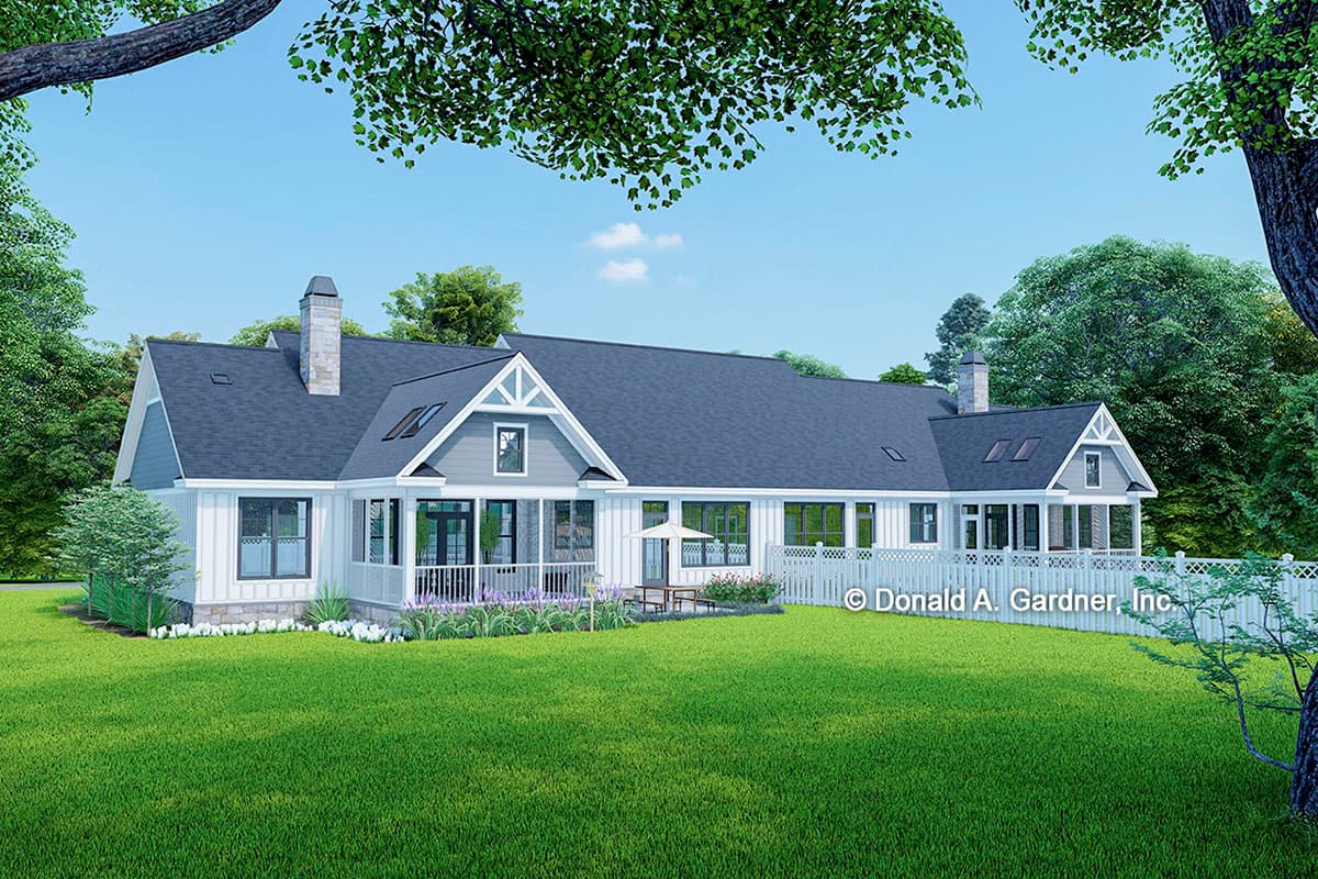 House plan exterior: This Modern Farmhouse style home has a main level with a covered front porch, multiple gables, and dormer windows.