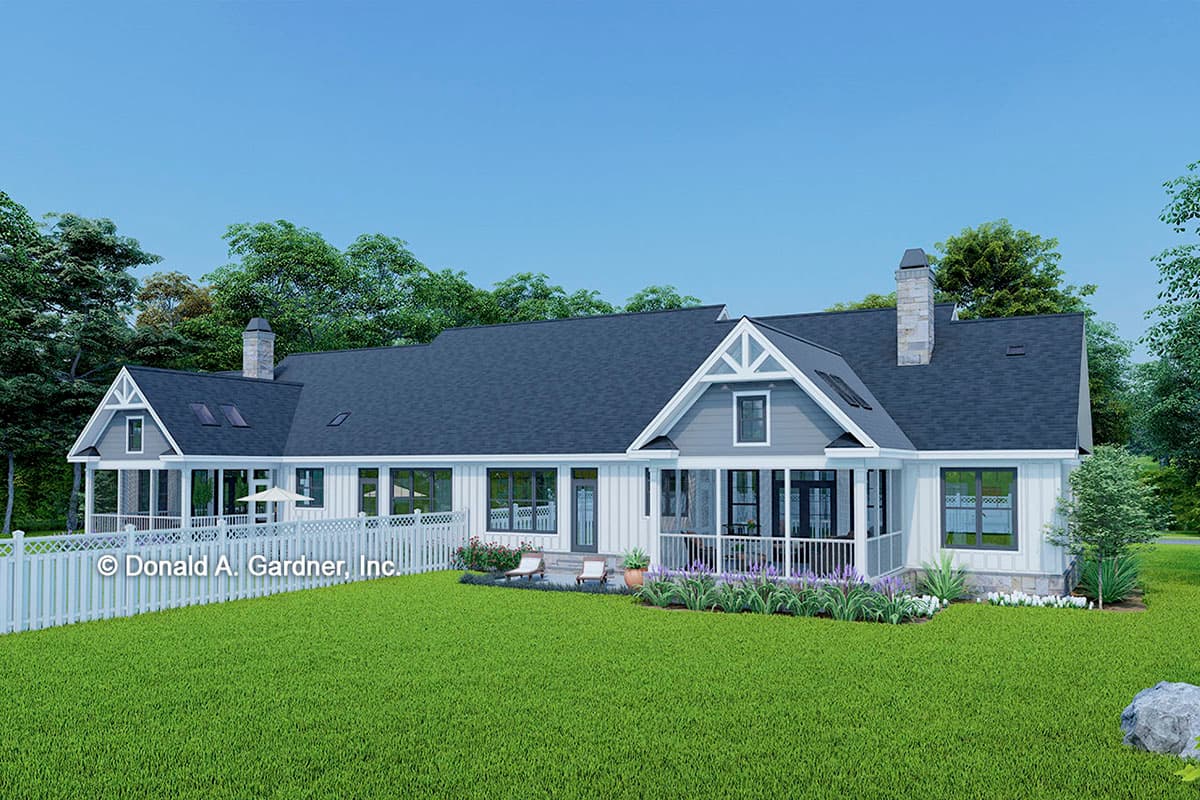 House plan exterior: Single-story Modern Farmhouse with gabled dormers, two covered porches, and stone chimney.