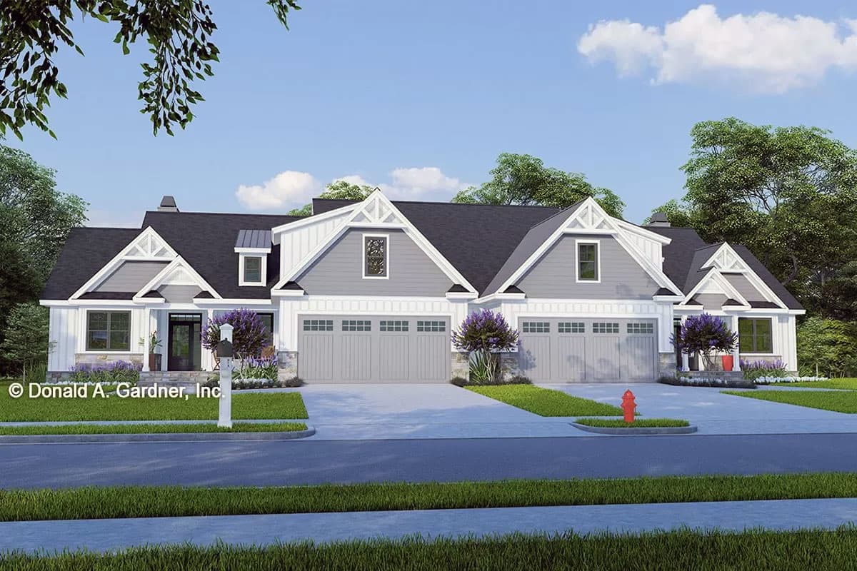 House plan exterior. Two-story Modern Farmhouse style with gabled dormers, board-and-batten siding, and attached garages.