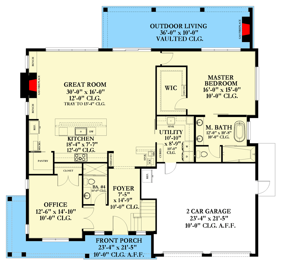Plan 82276KA: 2-Story Beach Bungalow with Main-floor Master Bedroom and Home Office - Floor Plan - Main Level - Beach, Bungalow, Coastal, Country, Craftsman
