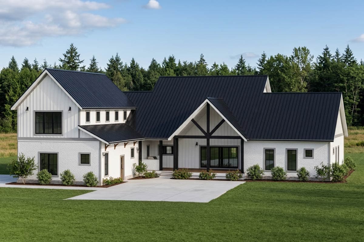 Modern Farmhouse house plan exterior with stone base, metal roof, gables, dormers, and covered porch with exposed beams.