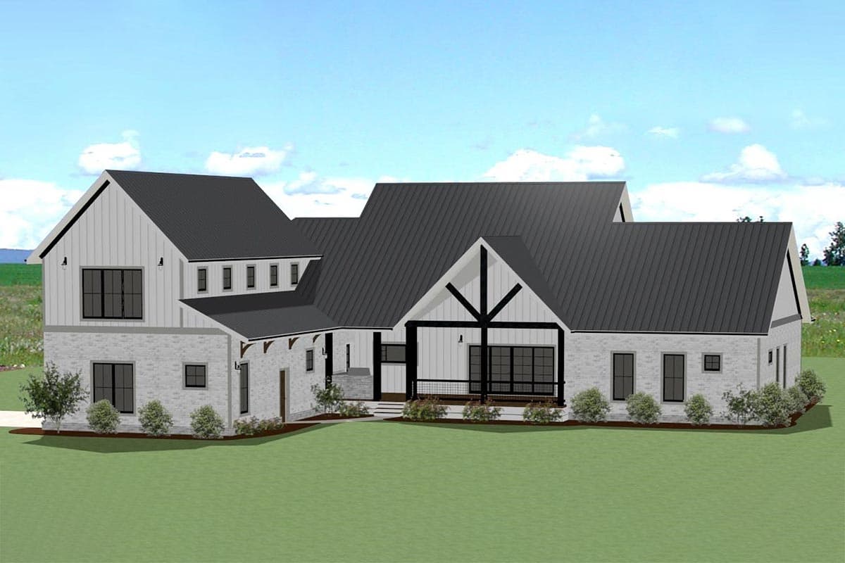 Modern Farmhouse house plan exterior with stone base, metal roof, gables, dormers, and covered porch with exposed beams.