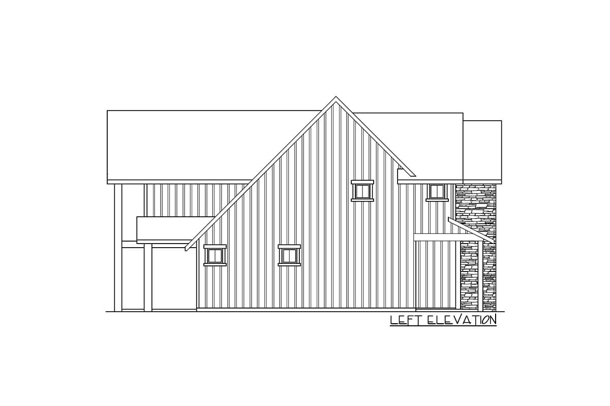 Left elevation drawing of a house with vertical siding, gables, dormers, and a stone-clad section.