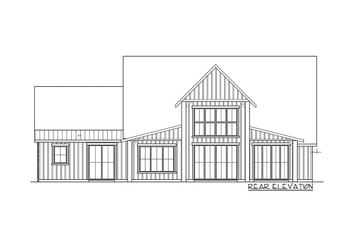 Rear elevation drawing of a two-story house with gabled roofline, large windows, and vertical siding.