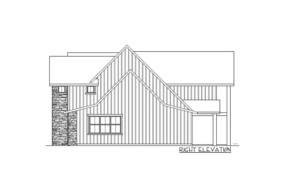 Right elevation drawing of a house plan featuring a stone base, vertical siding, multiple gables, and a large window.