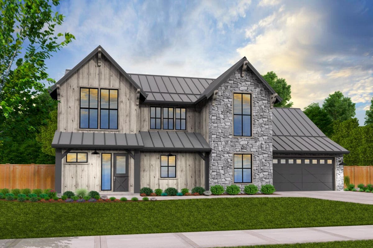 House plan exterior. Two-story Modern Farmhouse with stone and wood siding, metal roof, gables, and attached garage.