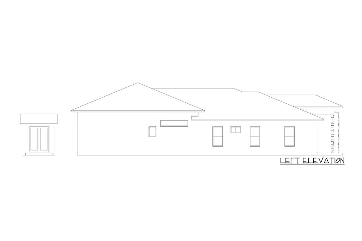 Left elevation of a one-story house plan showing a pitched roof, multiple windows, and a covered porch with columns.