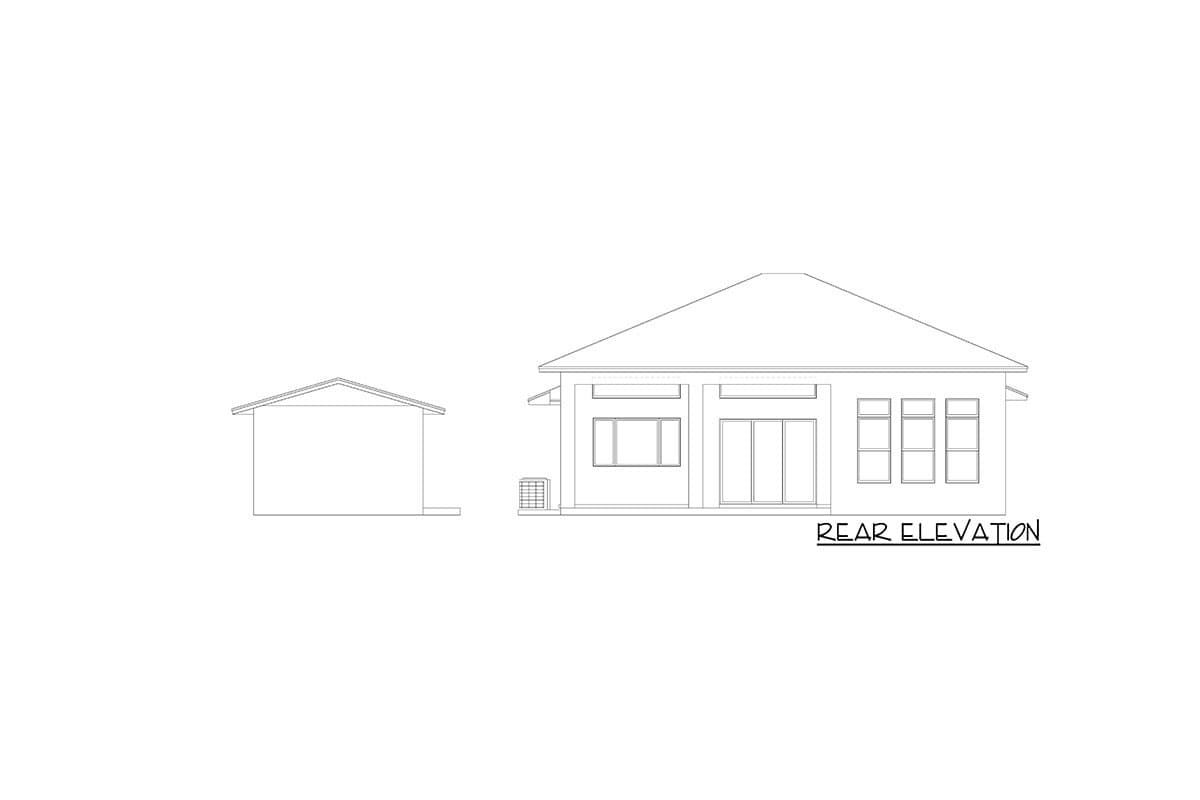 Rear elevation drawing of a one-story house with a hip roof, sliding glass doors, and multiple windows.