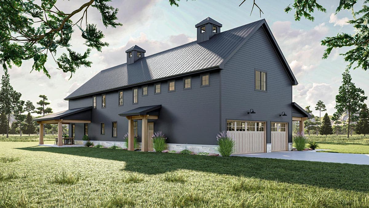 House plan exterior featuring a dark gray, two-story structure with a metal roof, cupolas, covered porch, and double garage doors.