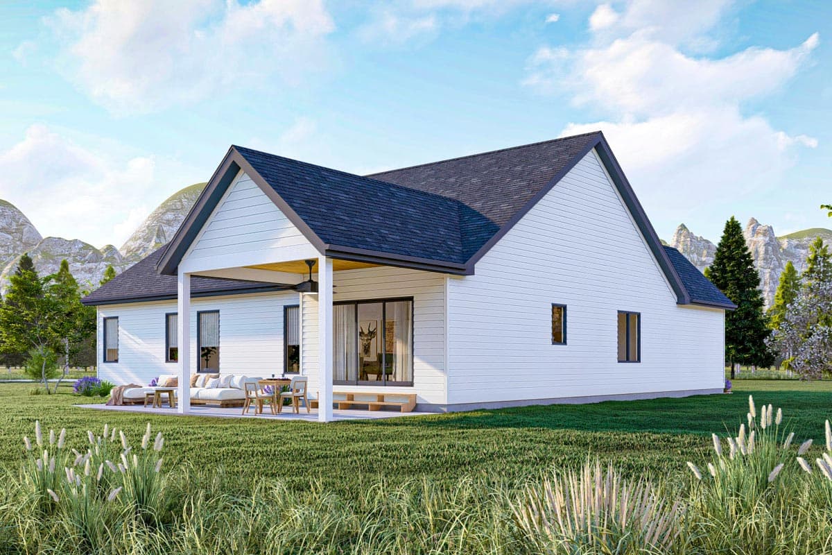 Modern Farmhouse style house plan exterior with gables, covered patio, and side-facing garage.