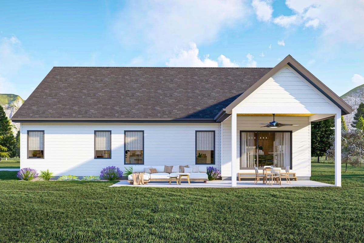 House plan exterior: Ranch style, single story, with a covered patio, gabled roof, and horizontal siding.