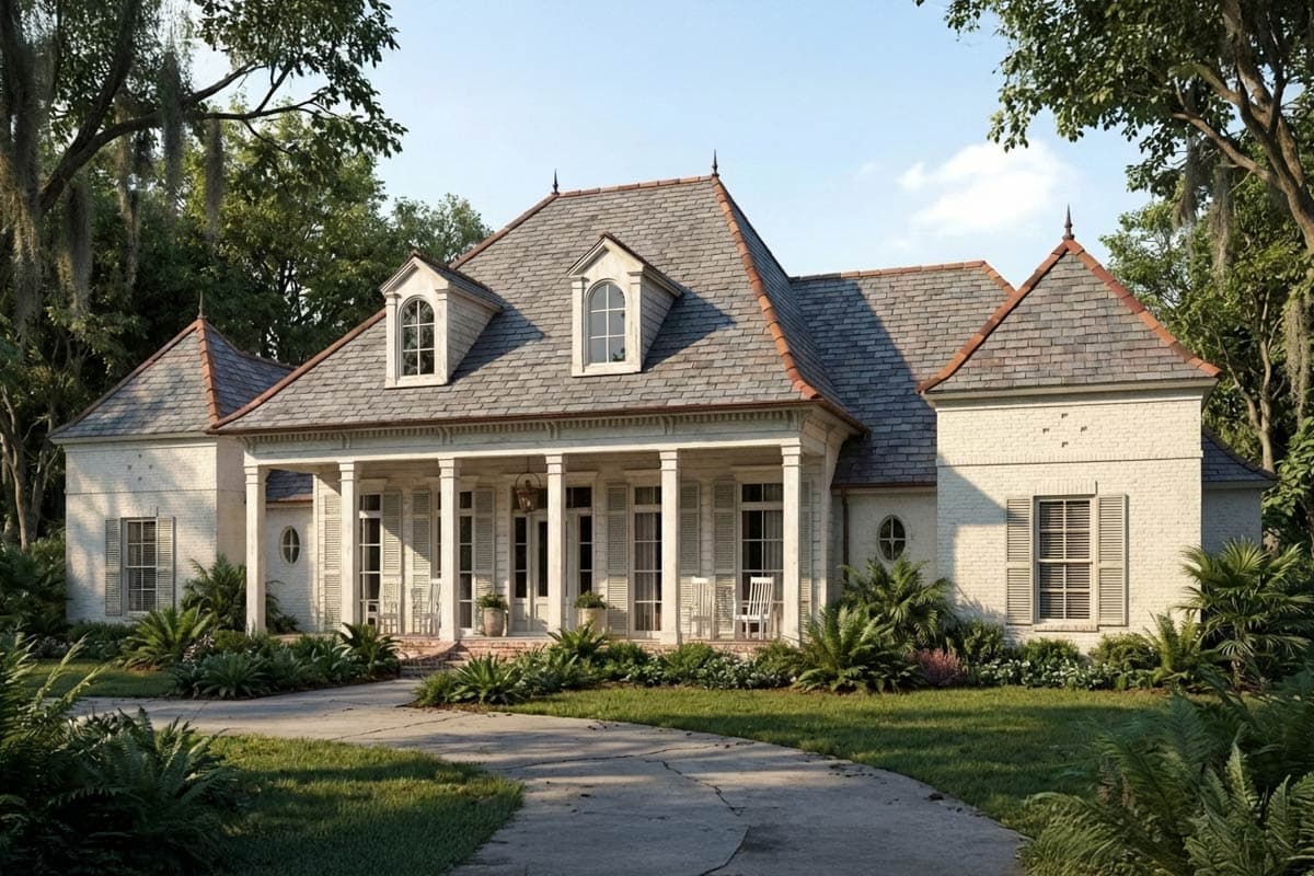 A stately, light-brick house with a covered porch and shutters. A winding driveway leads to the house, surrounded by lush green landscaping and trees.