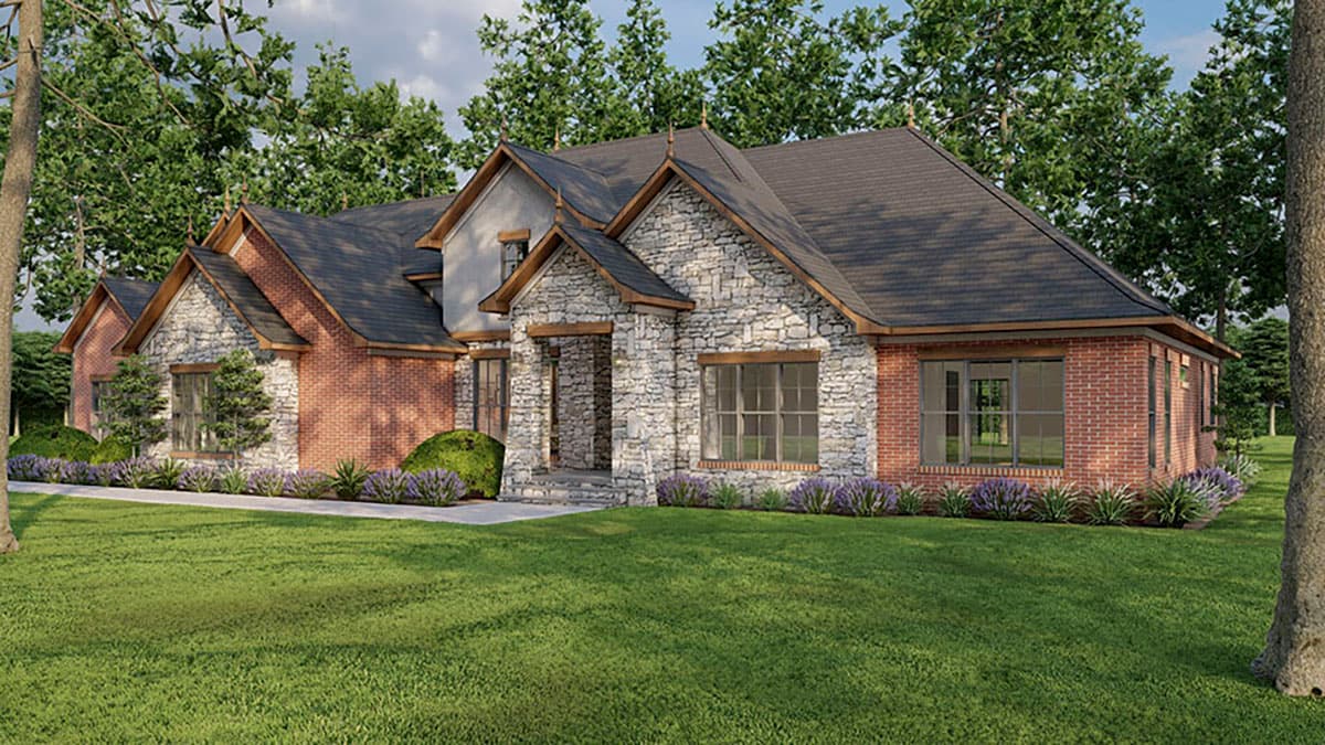 House plan exterior with stone and brick facade, multiple gables, and prominent rooflines.