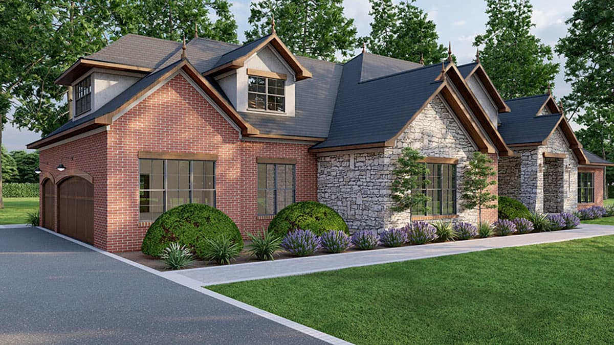 House plan exterior of a two-story home with brick and stone facade, gabled dormers, and a side-entry garage.