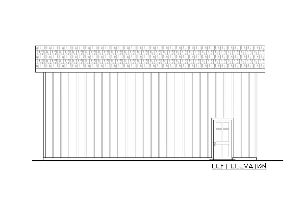 Left elevation drawing of a one-story house plan with vertical siding, a simple roof, and a single door.