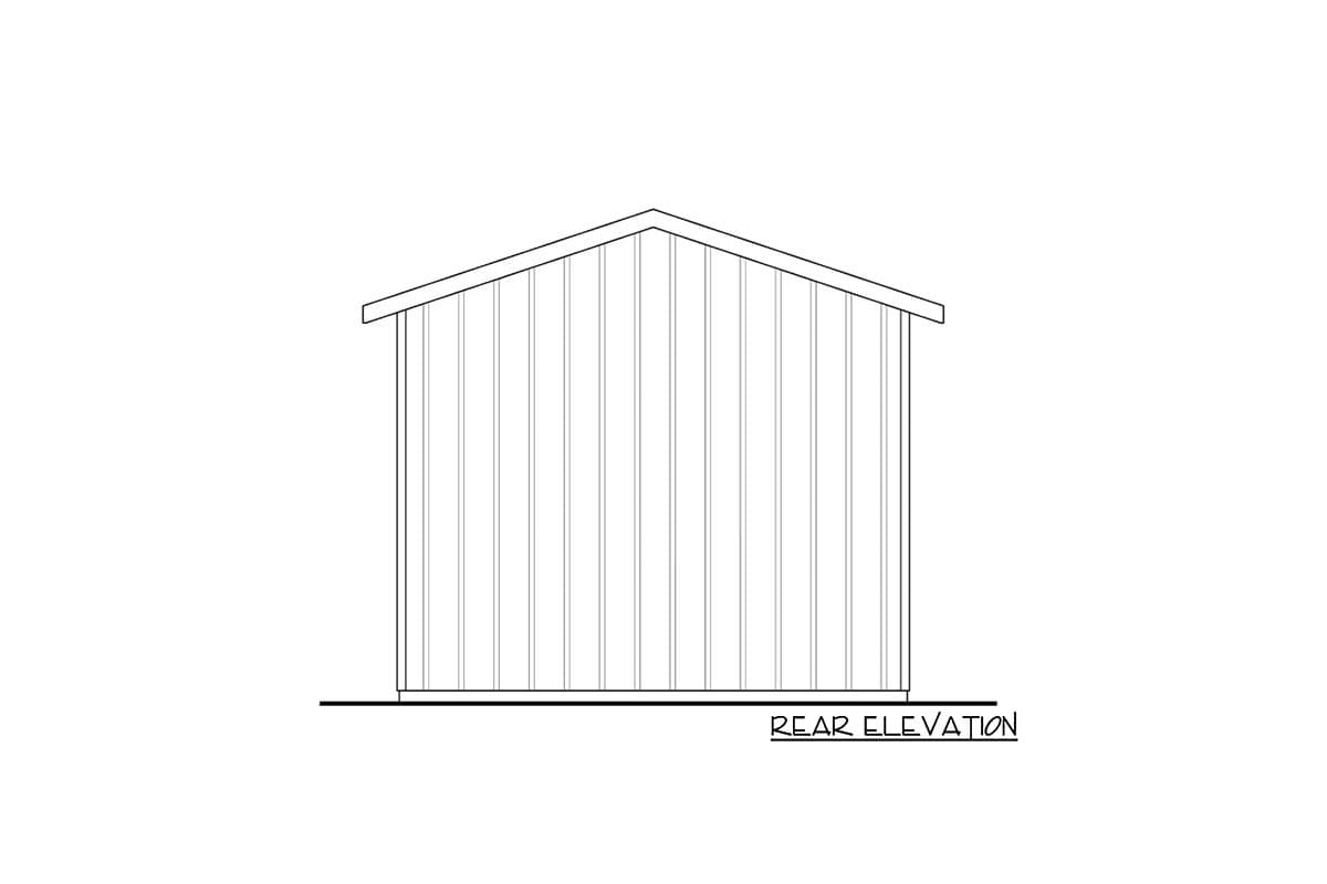 Rear elevation drawing of a house plan with vertical siding and a gabled roof.