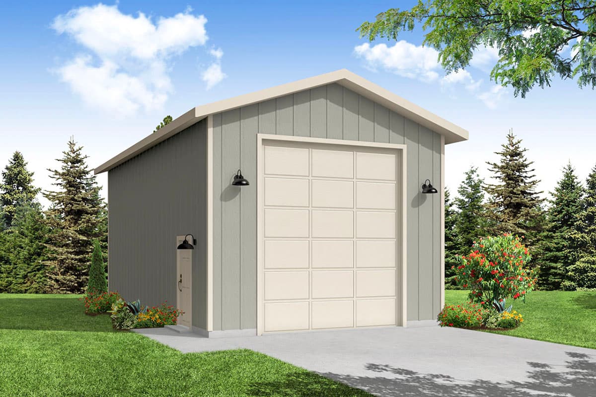 House plan exterior featuring a detached garage with gable roof, vertical siding, and carriage-style garage door. Includes a side entry door.